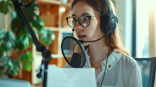 A Woman Recording a Podcast