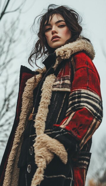 Photo a woman in a red and black coat with a fur coat on the front