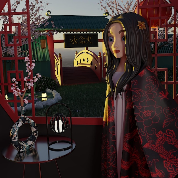 A woman in a red and black kimono stands in front of a chinese gate