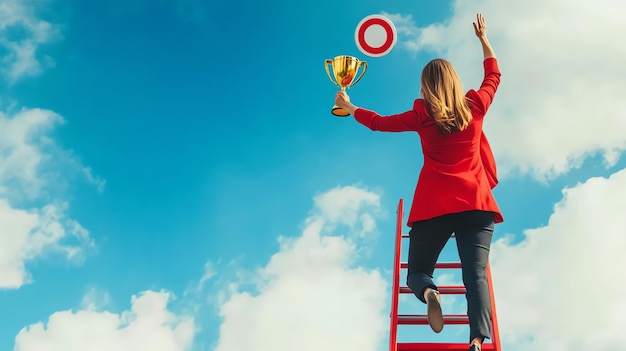 Photo a woman in a red blazer climbs a ladder holding a gold trophy with a target above her