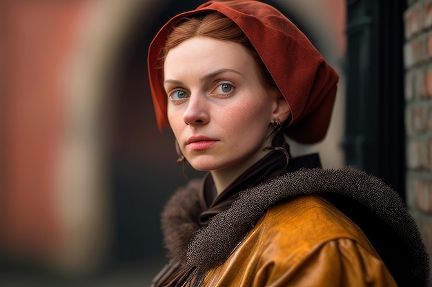 A woman in a red bonnet stands in front of a brick wall.