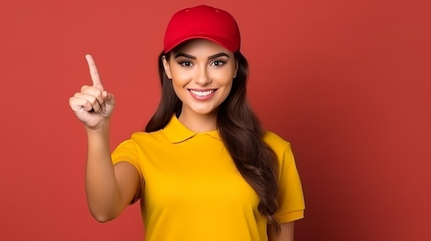 Photo a woman in a red cap points to the camera with a thumb up