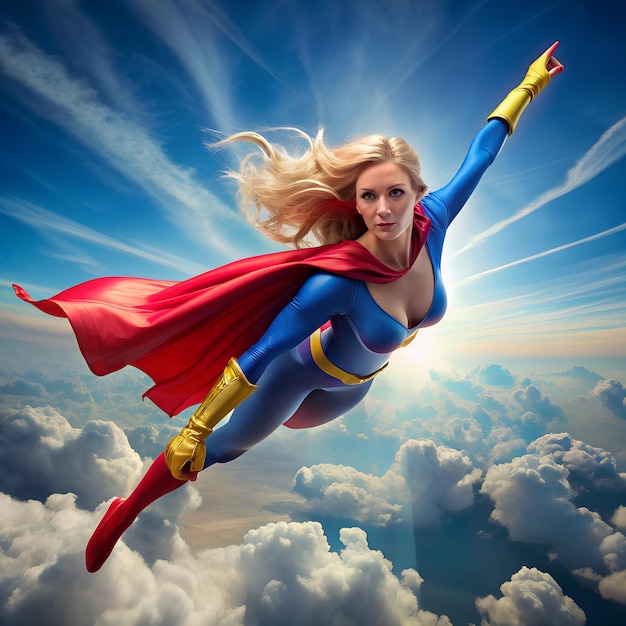 a woman in a red cape flying through the air with a red cape on her head