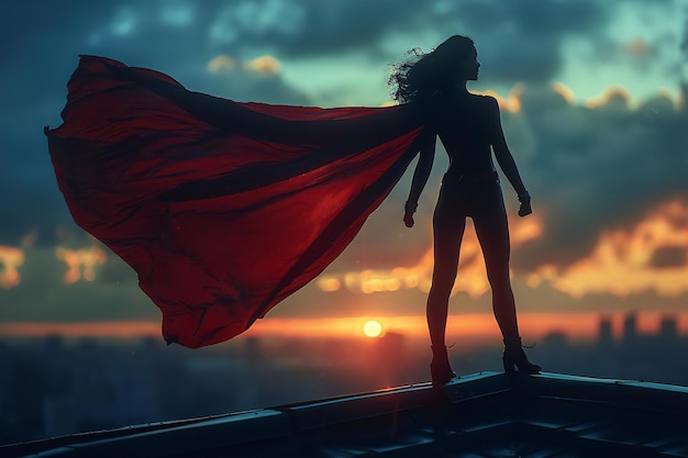 a woman in a red cape stands on a roof with the sun behind her