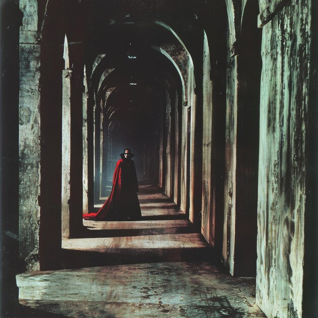 Photo a woman in a red cape walks through a tunnel