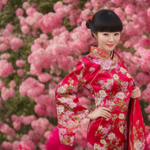 A woman in a red chinese kimono poses in front of a pink flower background.