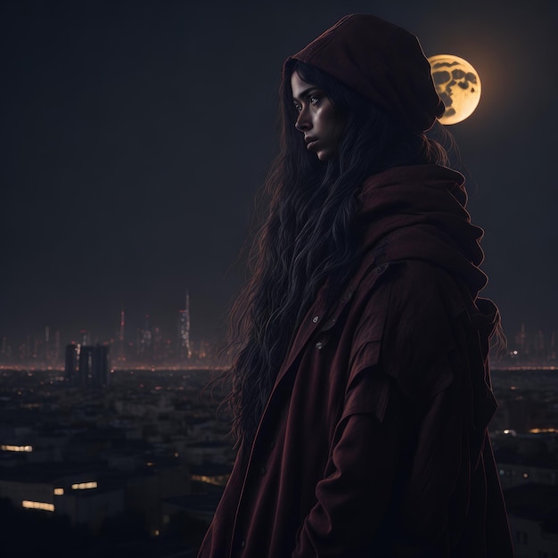 Woman in a red cloak against the backdrop of the moon