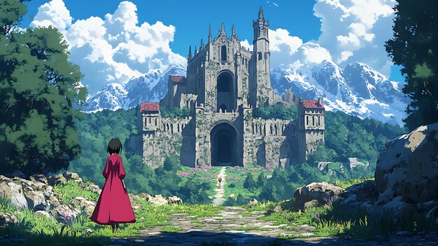 Woman in red cloak approaching a stone castle with a snowy mountain backdrop