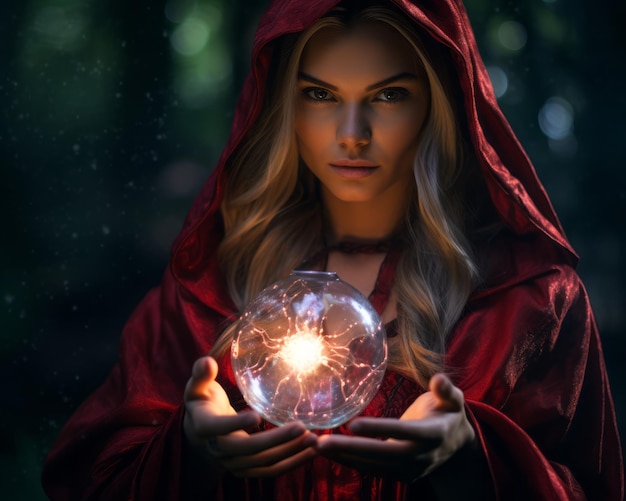 a woman in a red cloak holding a glowing orb