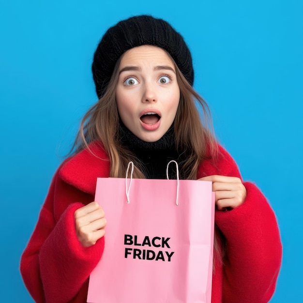 Photo a woman in a red coat holding a pink shopping bag