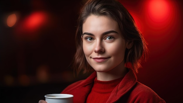 A woman in a red coat holds a cup of coffee in front of a red background.