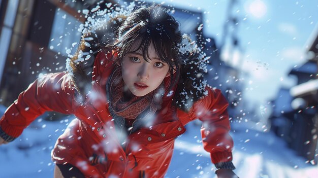 a woman in a red coat is playing in the snow