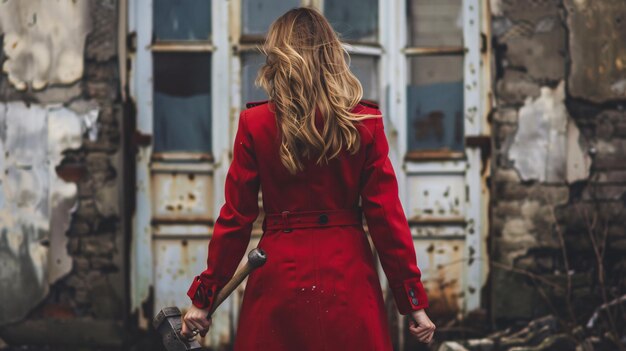 Photo a woman in a red coat is walking in front of a building with a woman in a red coat