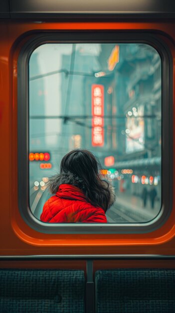 Woman in Red Coat Looking Out Window