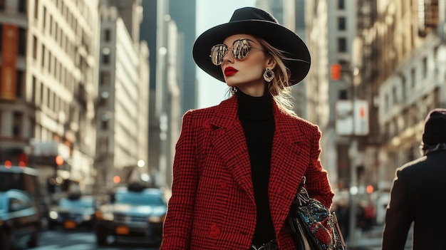 Photo a woman in a red coat and red lipstick is walking down a street