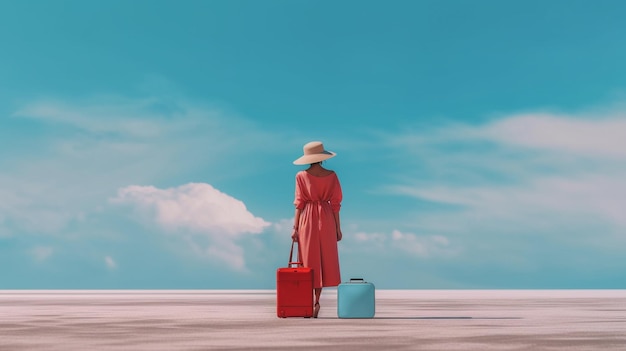 Photo a woman in a red coat and a red suitcase with a blue suitcase and a red suitcase