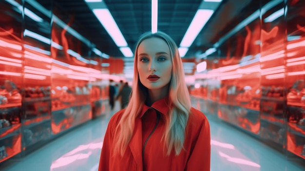 A woman in a red coat stands in a dark room with a neon light behind her.