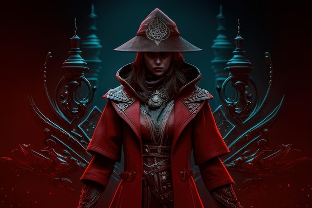 A woman in a red coat stands in front of a gate with a dark background and a dark background.