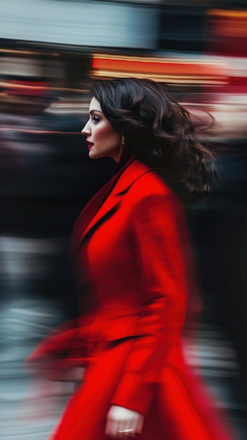 Photo woman in a red coat walking briskly through a busy urban street