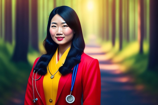 A woman in a red coat with a stethoscope on her chest stands in a forest path.