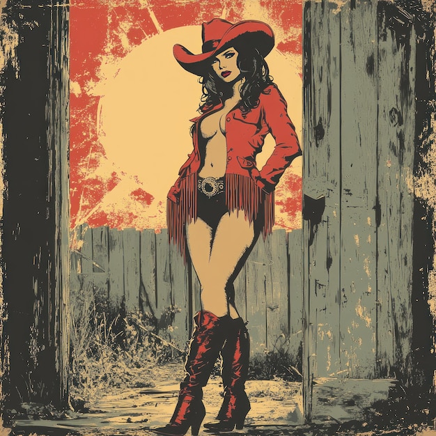 Photo a woman in a red cowboy hat and jacket stands near a doorway