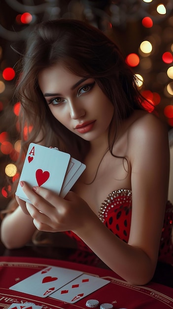 a woman in a red dress holding a card that says quot a card quot