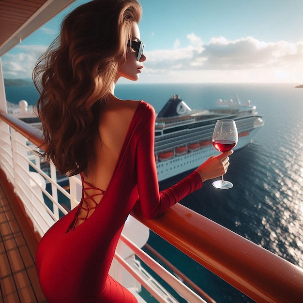 Photo a woman in a red dress is on a balcony with a wine glass