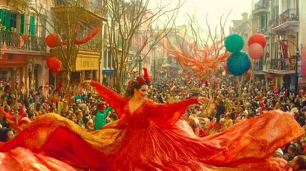 a woman in a red dress is dancing in front of a crowd of people