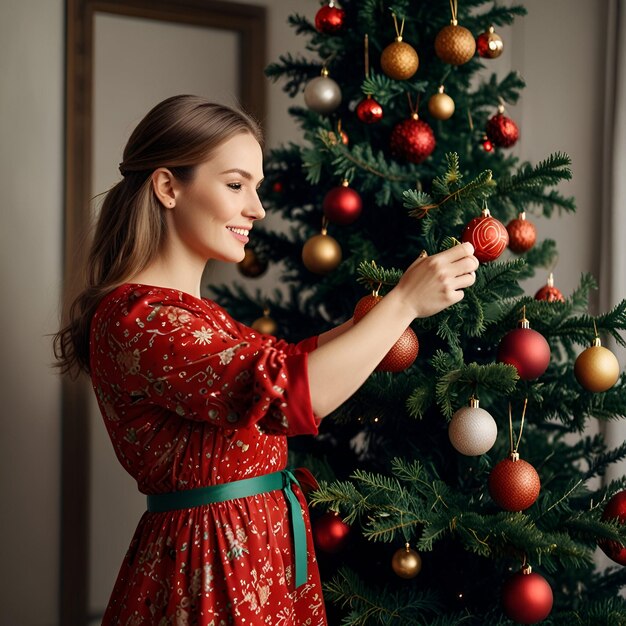 a woman in a red dress is decorating a christmas tree