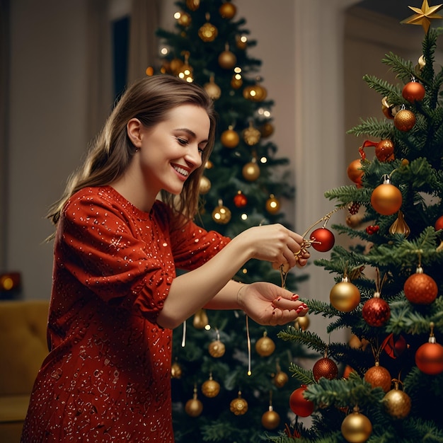 a woman in a red dress is decorating a christmas tree