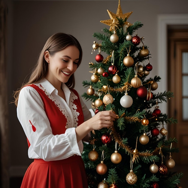 a woman in a red dress is decorating a christmas tree