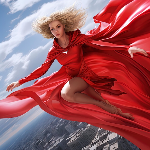 Photo a woman in a red dress is flying in the air