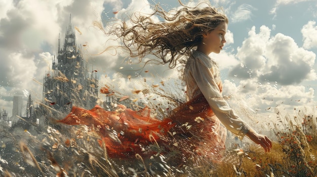 a woman in a red dress is in the grass with her hair blowing in the wind