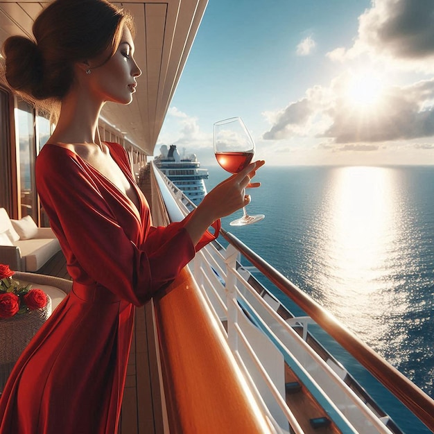 Photo a woman in a red dress is holding a wine glass and looking out a window