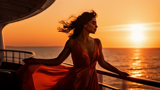 Photo a woman in a red dress is looking out at the ocean