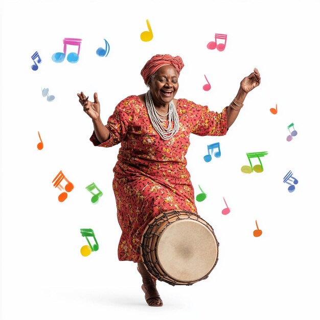 Photo a woman in a red dress is playing a drum with music notes and the words  the word  on it