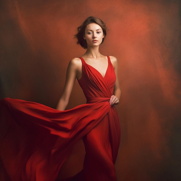 A woman in a red dress is posing in a red background.