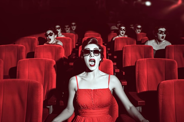 A woman in a red dress is screaming in a theater with a red background.