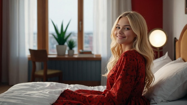 a woman in a red dress is sitting on a bed