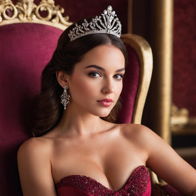 a woman in a red dress is sitting in a chair with a crown on her head