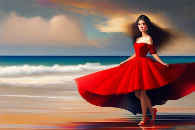 A woman in a red dress is standing on the beach and the ocean is in the background.