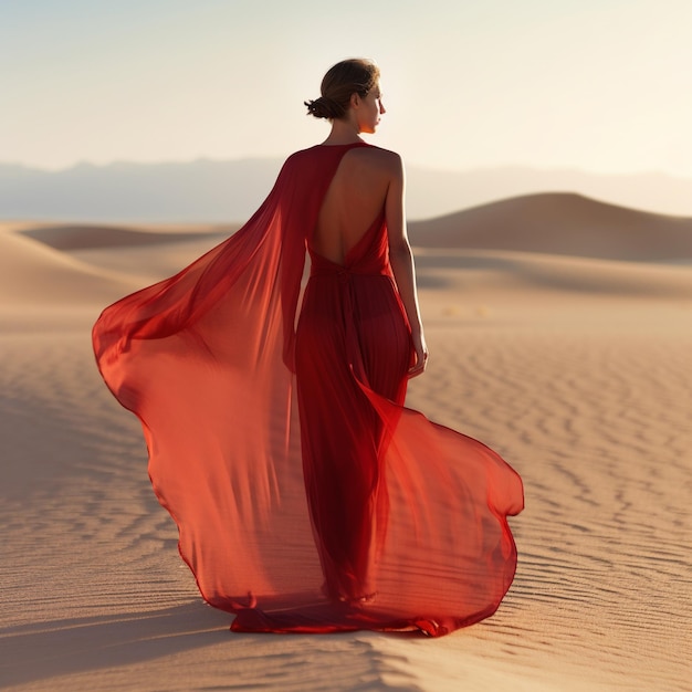 A woman in a red dress is standing in the desert