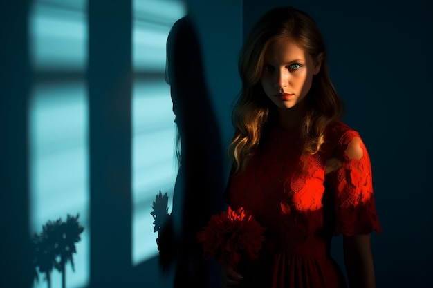 a woman in a red dress is standing in front of a blue wall