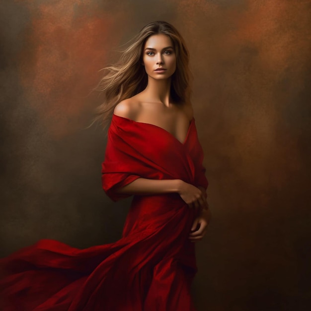 A woman in a red dress is standing in front of a brown background.