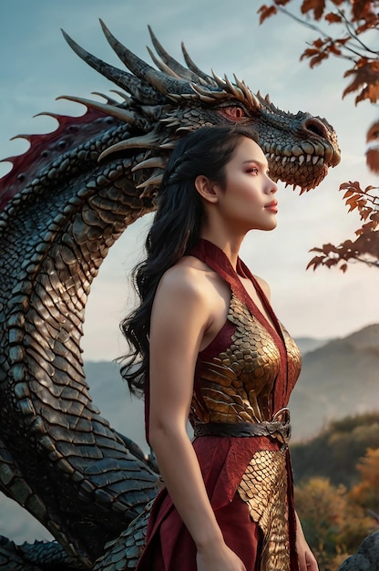 a woman in a red dress is standing in front of a dragon