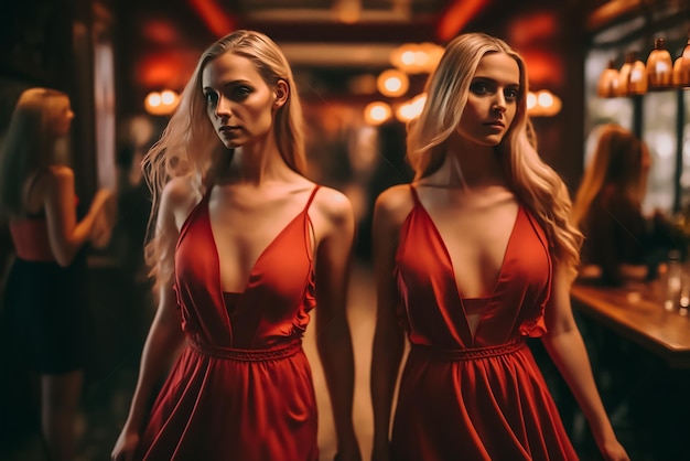 A woman in a red dress is standing in front of a mirror.