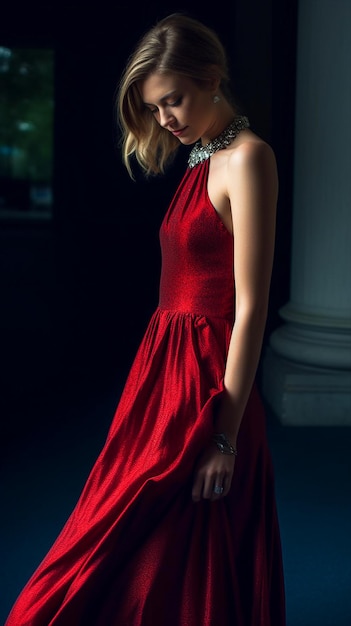 A woman in a red dress is standing in front of a pillar.