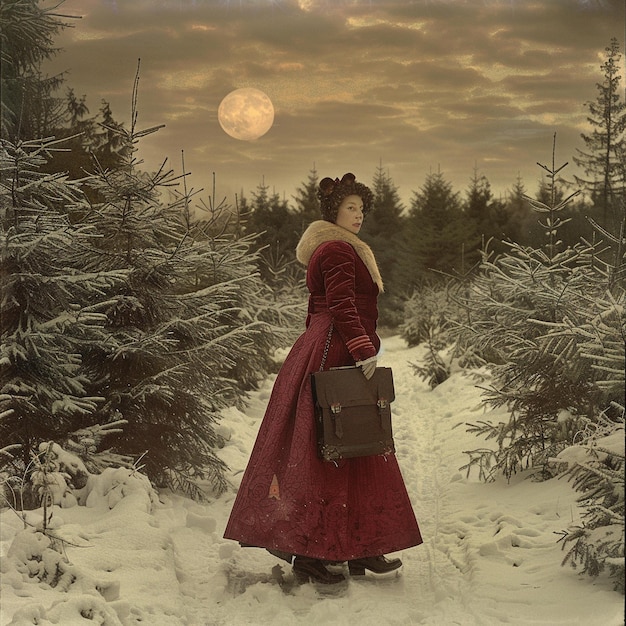 Photo a woman in a red dress is standing in the snow with a bag on her shoulder