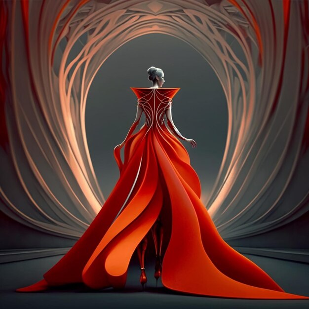 A woman in a red dress is standing in a tunnel generative ai