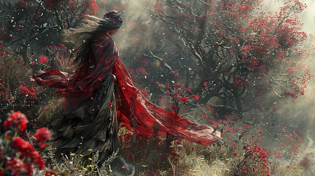 a woman in a red dress is standing in the woods